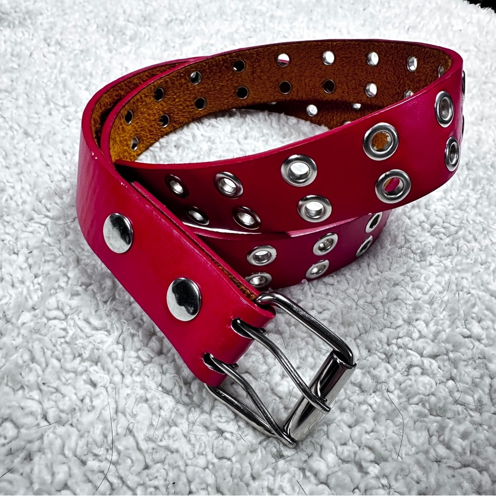 Double Prong Grommet Red Leather Goth Urban Adjustable Belt, Like New, 1" X 35"